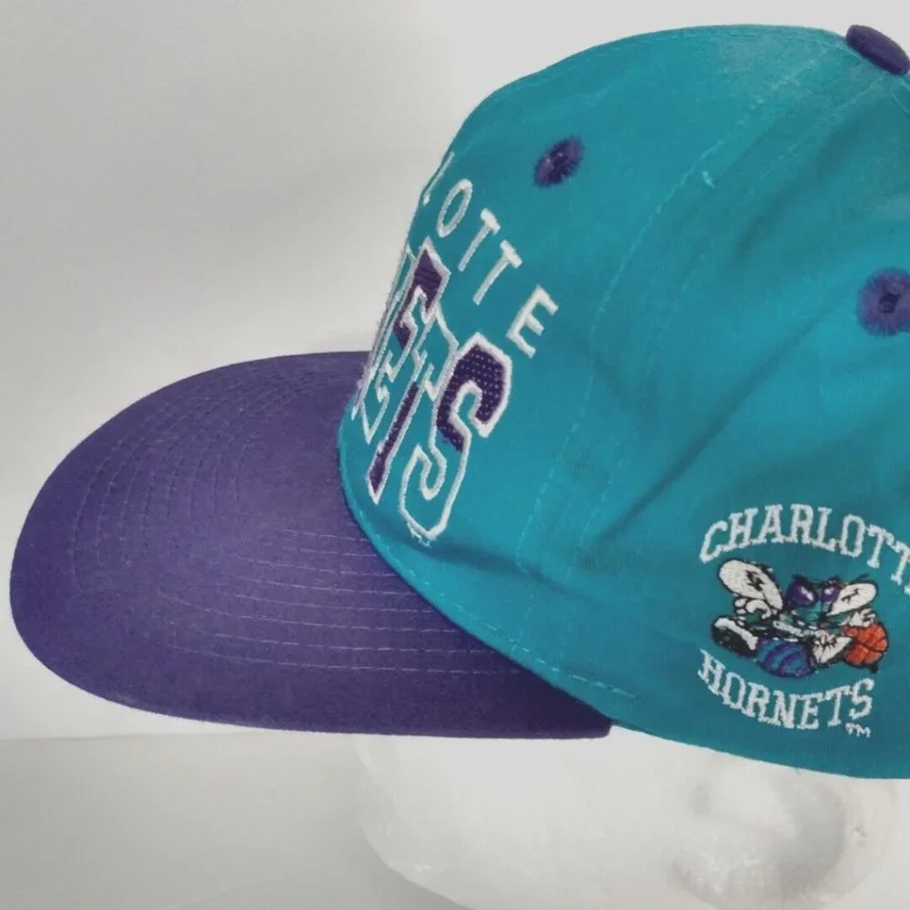 Vtg Charlotte Hornets Snapback Hat Block Letters NBA Product Teal Purple Adjust